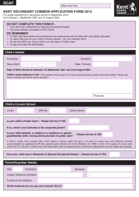 Kent Secondary Common Application Form 2013
