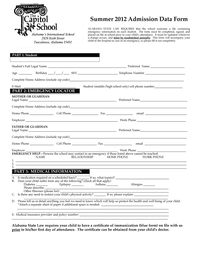 Download and print the Admission Data Form - The Capitol School Preview on Page 1