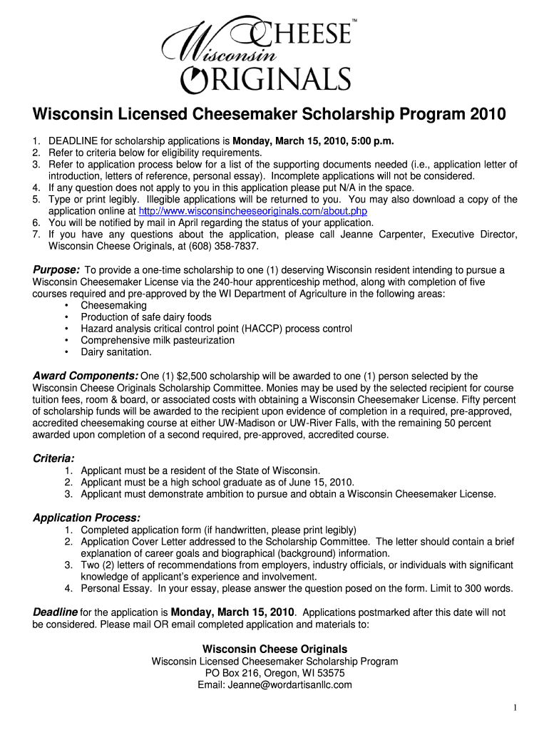 Scholarship Application Template 2003 - Wisconsin Cheese Originals Preview on Page 1