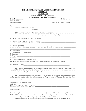 Meghalaya Value Added Tax Road Permit Form 40