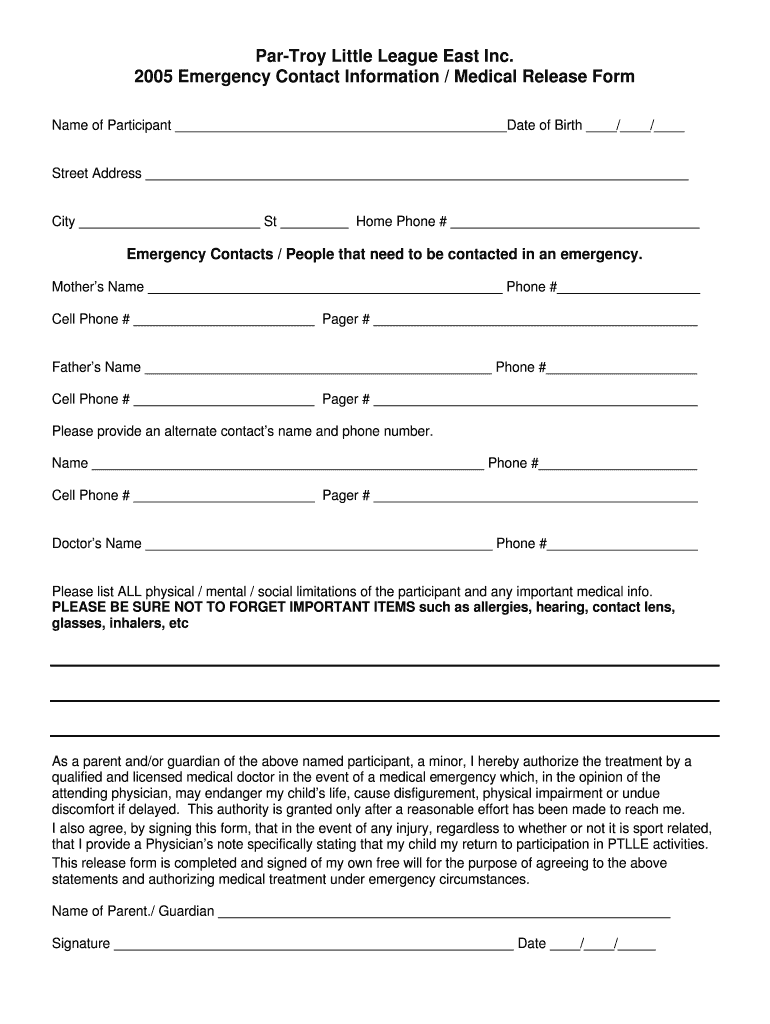 2005 Emergency Contact-medical release Form - Par-Troy Little Preview on Page 1