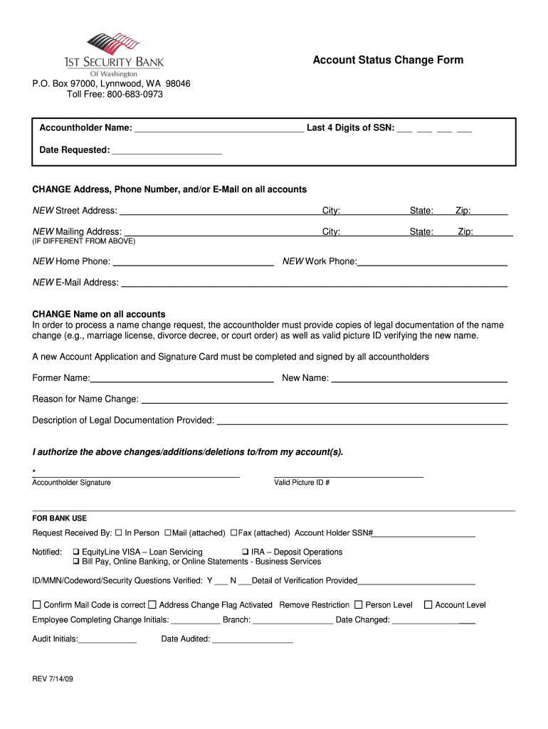 Account Status Change Form - 1st Security Bank Preview on Page 1