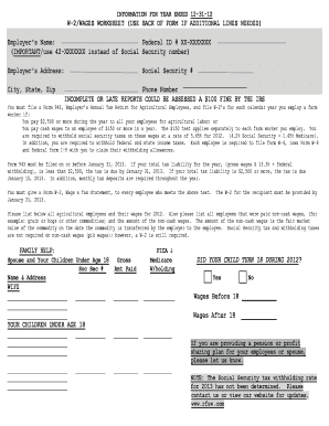 W-2 Wages Worksheet for Agricultural Employees