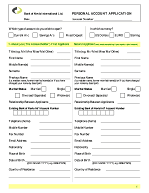 Bank of Nevis Personal Account Application