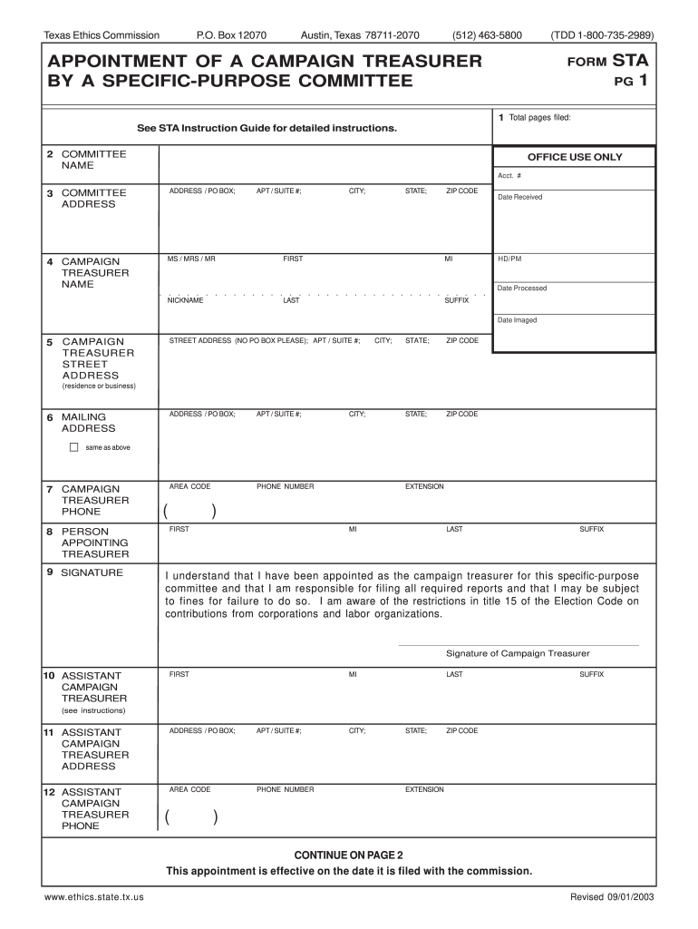 Form STA - Texas State Ethics Commission Preview on Page 1