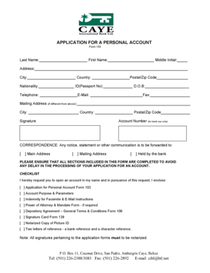 Application for Personal Account Form 103