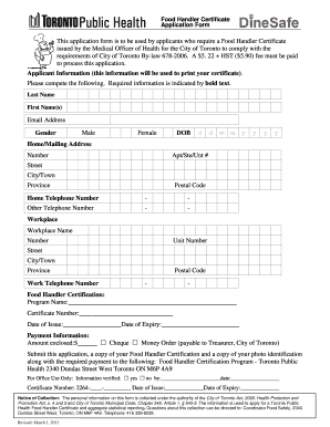 Food Handler Certificate Application Form - City of Toronto