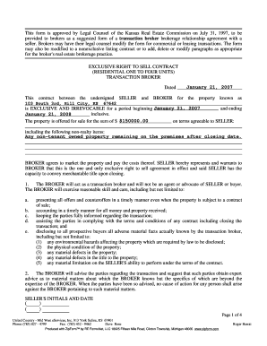 Kansas Residential Exclusive Right to Sell Contract