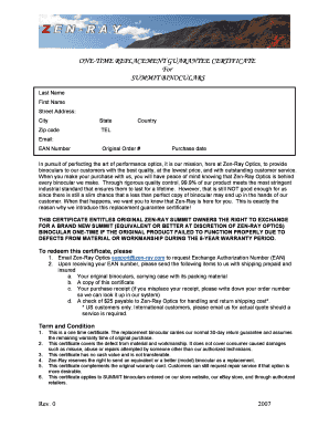 Summit Binoculars Replacement Guarantee Certificate