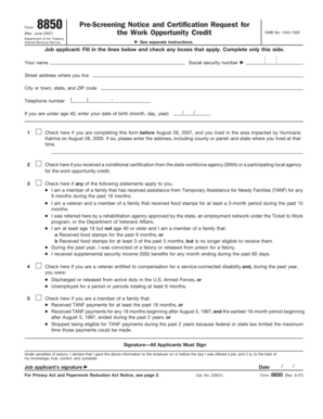 Form 8850 Pre-Screening Notice and Certification Request