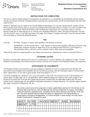 Ontario Restated Articles of Incorporation Form 5