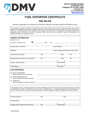 Nevada Fuel Exporter Certificate