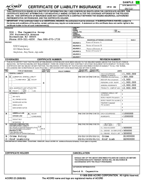 Certificate of Liability Insurance