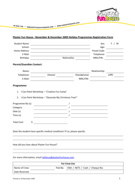 Plaster Fun House - November & December 2009 Holiday Programmes Registration Form