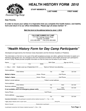 Health History Form for Day Camp Participants