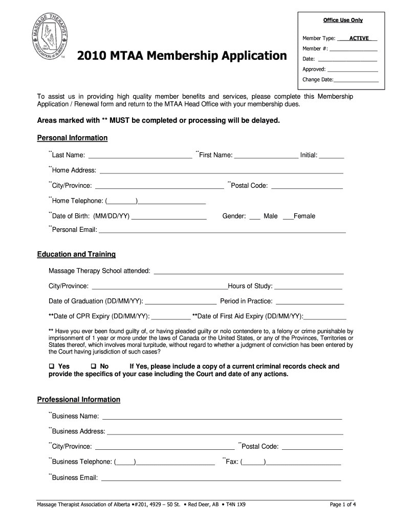 Fillable Online 2010 Active Member Application Massage Therapist