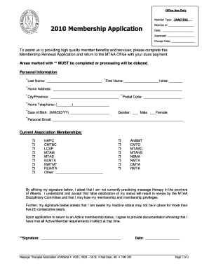 Fillable Online 2010 Inactive Member Application - Massage Therapist ...
