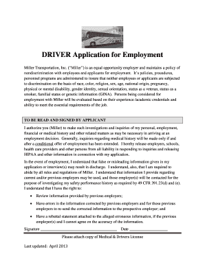 Driver Application for Employment