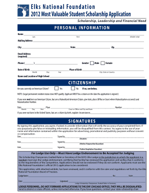 Elks National Foundation 2012 Most Valuable Student Scholarship Application