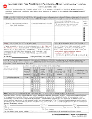 Massachusetts Free and Reduced Price School Meals Application