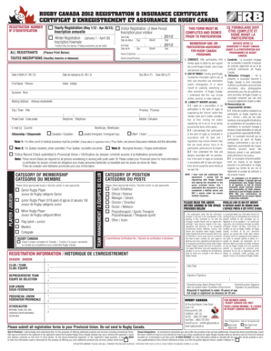 Rugby Canada 2012 Registration & Insurance Certificate