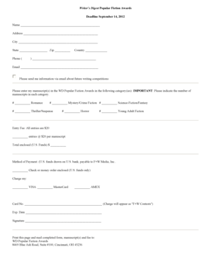 Writer's Digest Popular Fiction Awards Entry Form