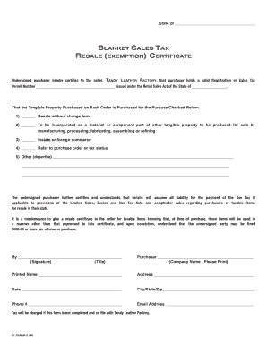 Blanket Sales Tax Resale Exemption Certificate