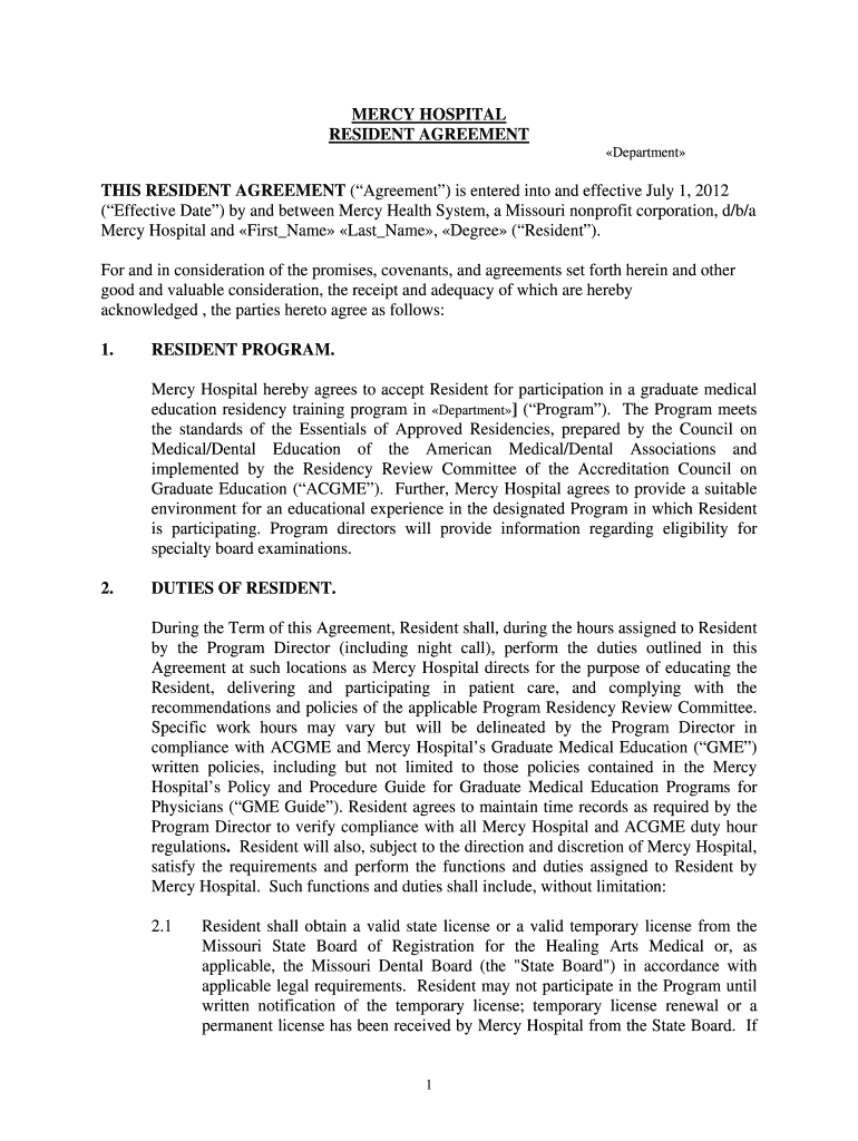 2012 Resident Agreement - Mercy Preview on Page 1