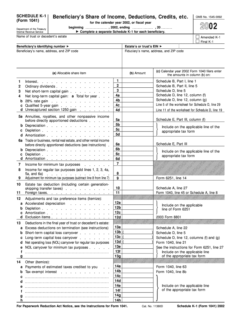 Fillable Online 2002 Form 1041 (Schedule K1). Beneficiary's Share of