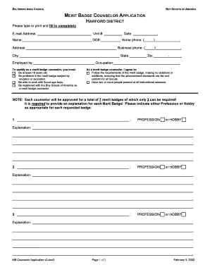 MERIT BADGE COUNSELOR APPLICATION HARFORD DISTRICT