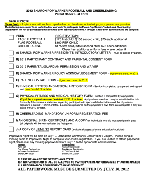 2005 SHARON POP WARNER FOOTBALL AND CHEERLEADING Parent Check List Form