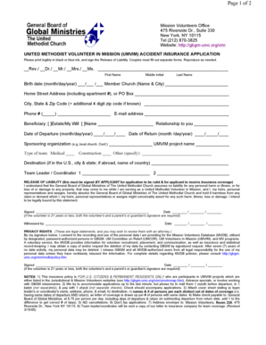 United Methodist Volunteer in Mission Accident Insurance Application