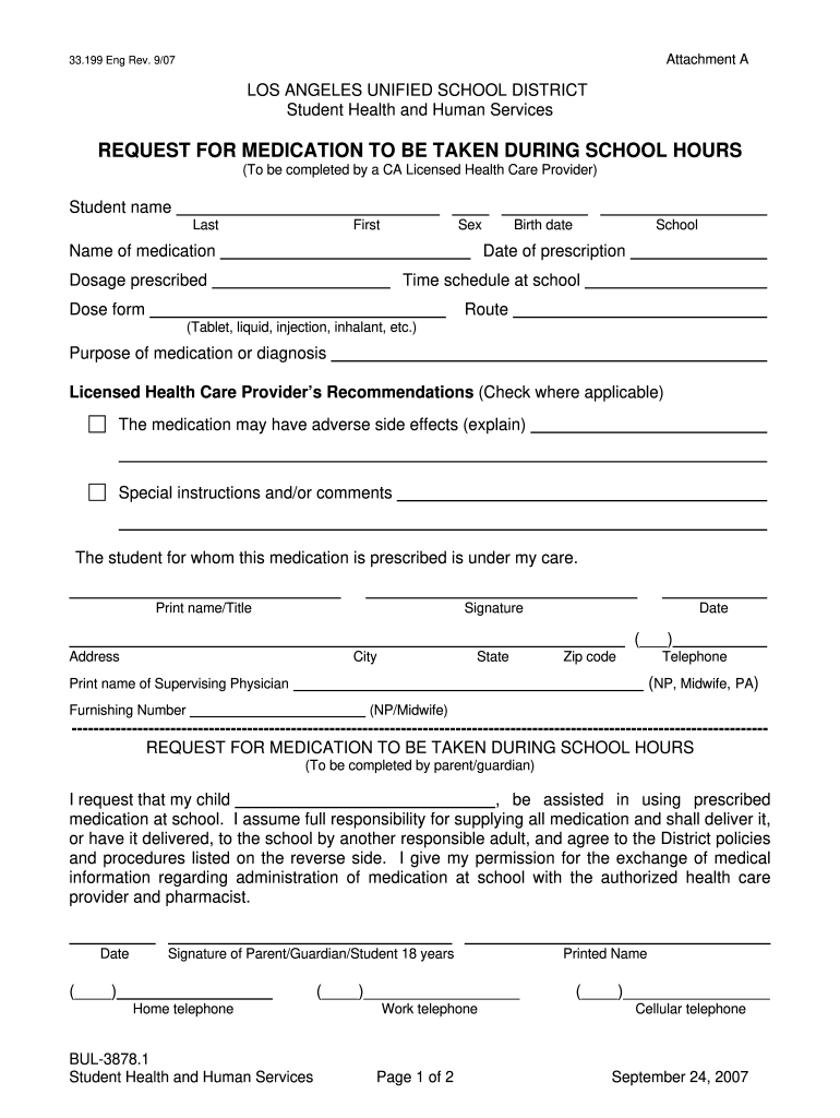 Lausd Medication Form Fill Out Sign Online DocHub