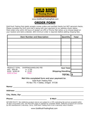 Gold Rush Trading Post Order Form