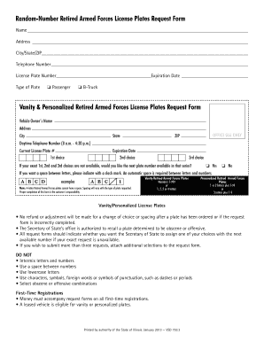 Secretary of State Retired Armed Forces License Plates Request Form Secretary of State Vehicle Services Department Special Plates Division, Rm