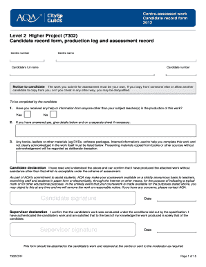 Level 2 higher project candidate record form production log and assessment record