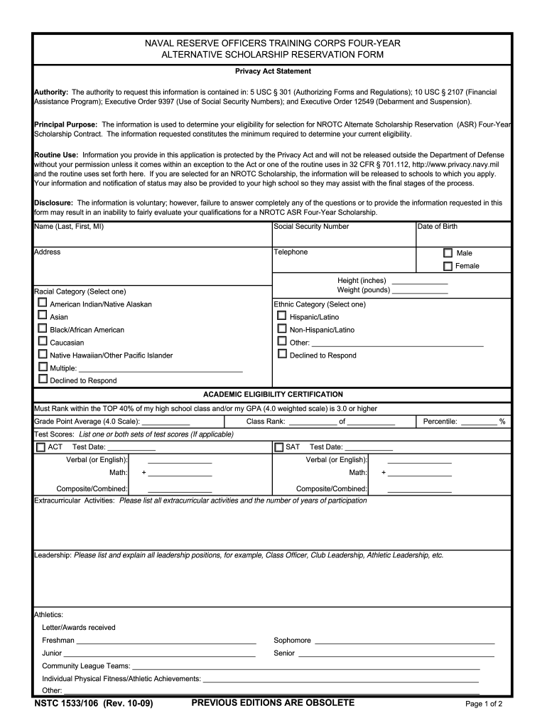 naval reserve officers training corps four year alternative scholarship reservation form 2009 Preview on Page 1