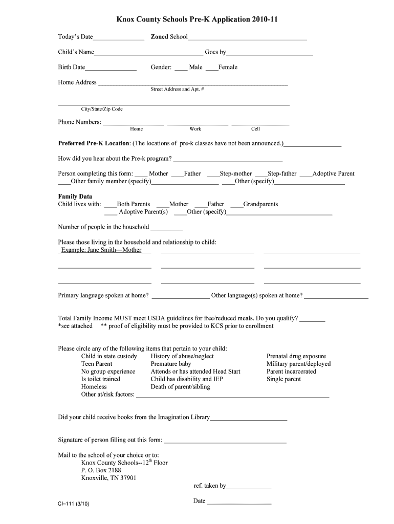 Fillable Online PreK Application (Rev) Knox County Schools Fax Email