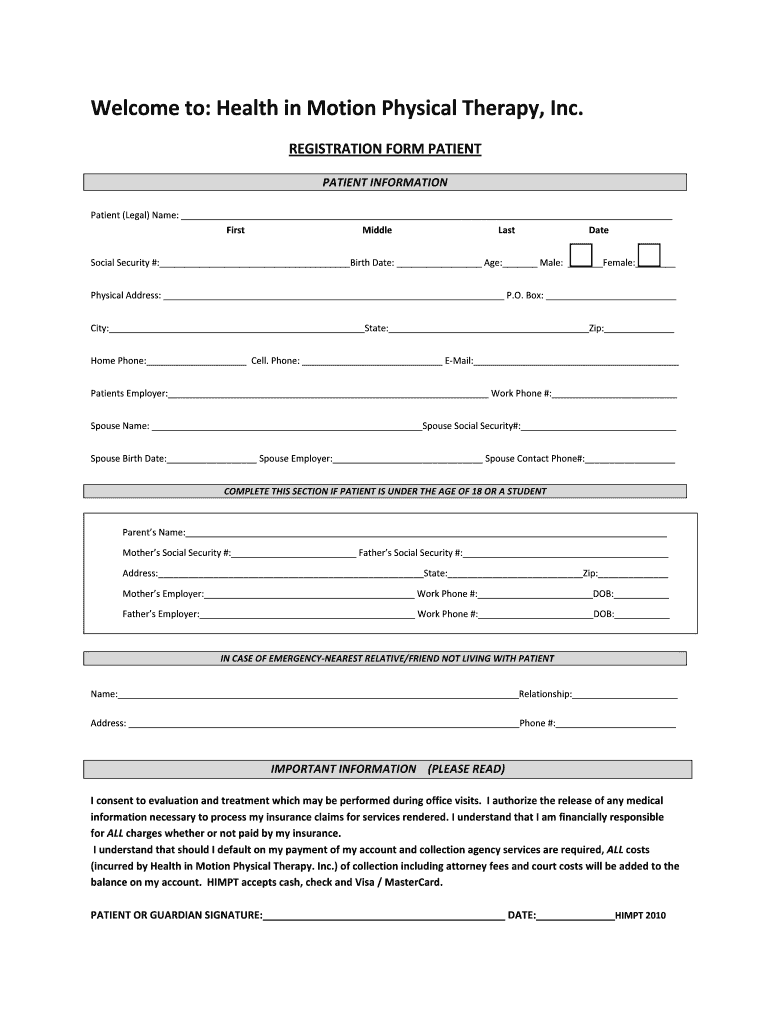 Fillable Online Patient Registration Form health in motion physical therapy, inc. Fax Email