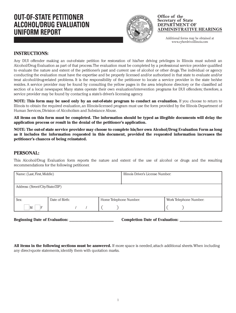 illinois petitioner alcoholdrug evaluation form Preview on Page 1