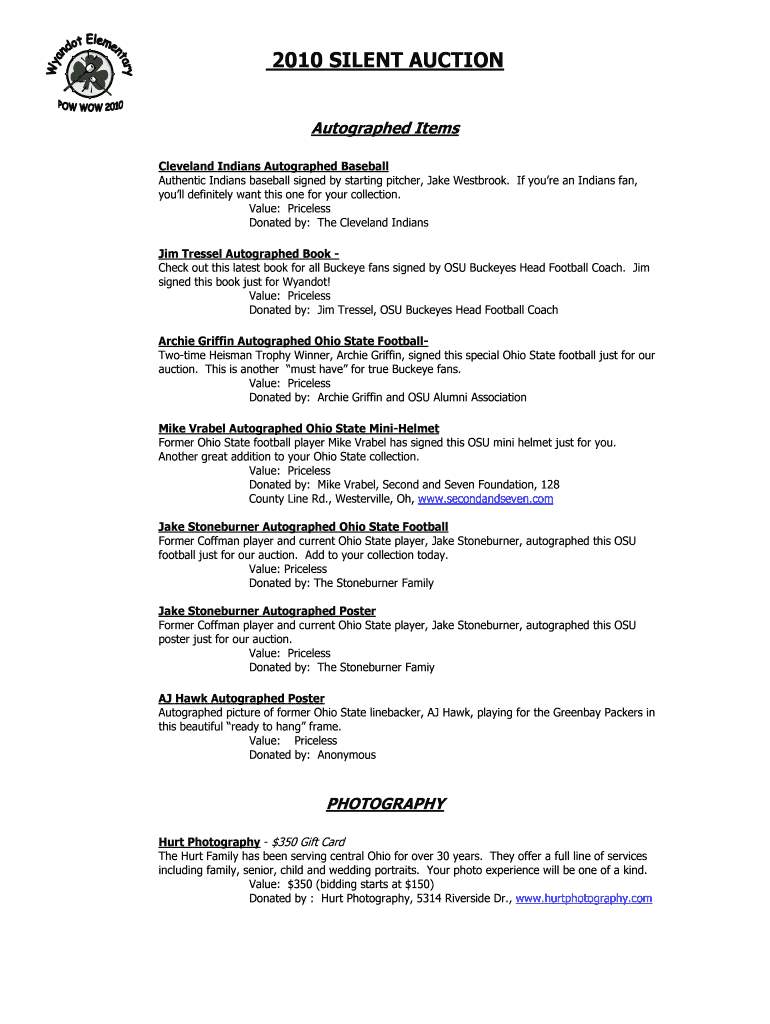 Fillable Online dublinschools 2010 SILENT AUCTION Dublin Schools