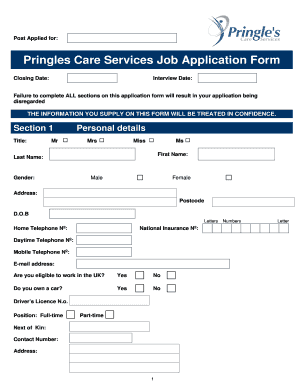 Fillable Online Job Application form.PDF format - Pringle's Care ...