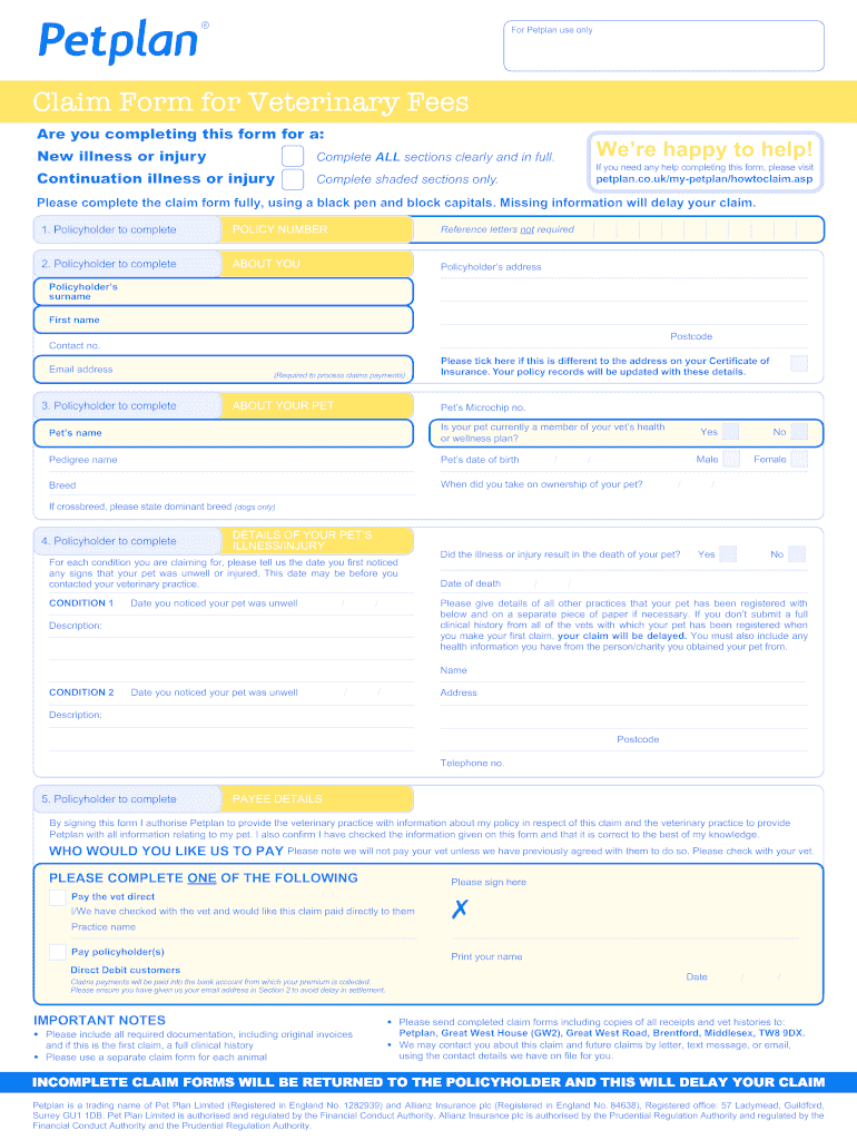 petplan claim form Preview on Page 1.