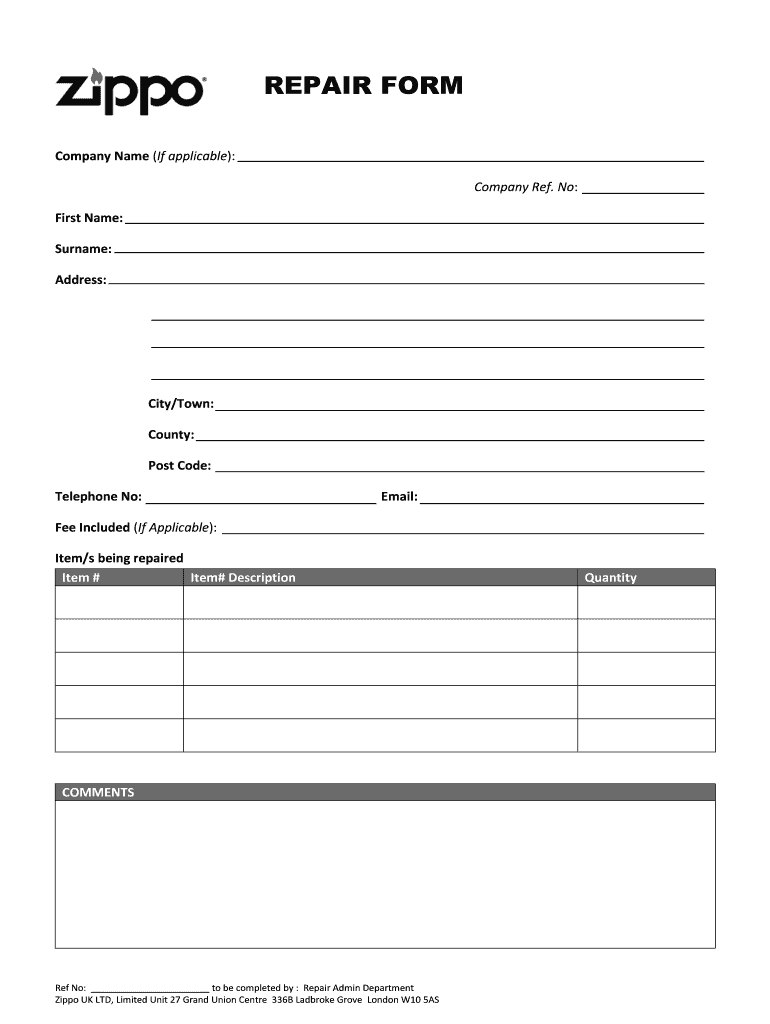 zippo repair form Preview on Page 1