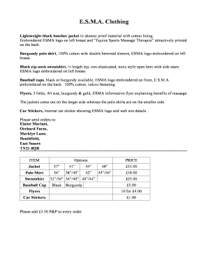 ESMA clothing Order Form - Equine Sports Massage Association