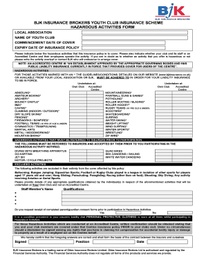 Youth Club Hazardous Activities Insurance Form