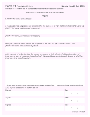 Mental Health Act 1983 Treatment Consent Certificate