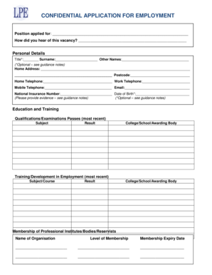 Confidential Application for Employment