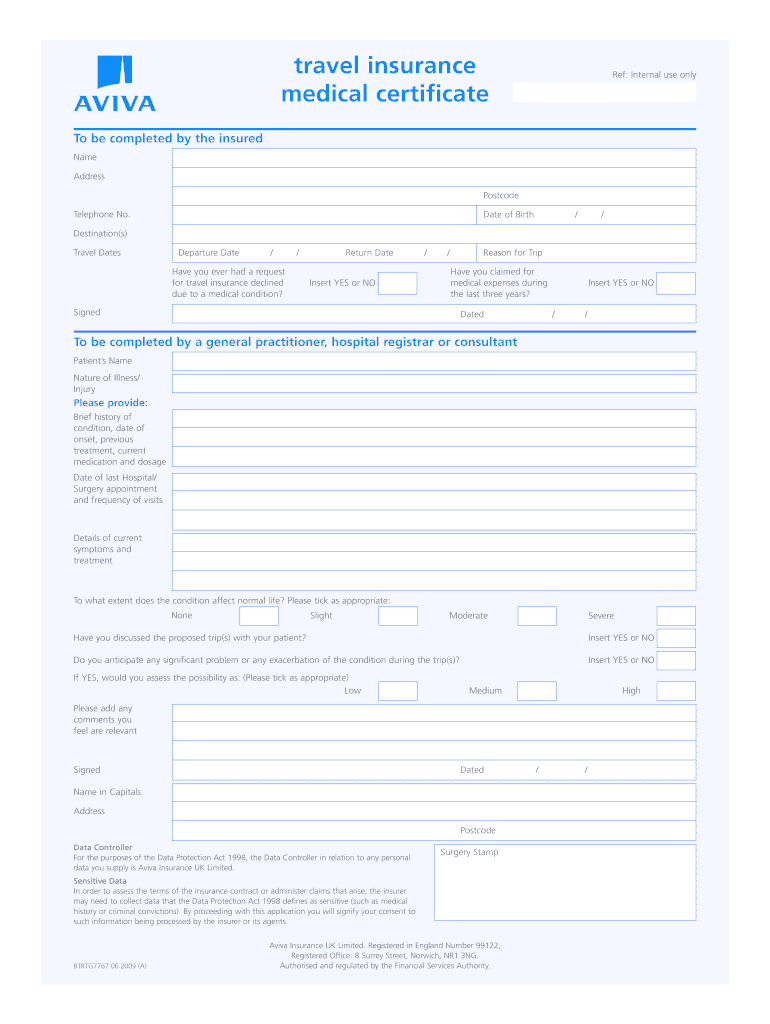 Fillable Online Travel insurance medical certificate Saffron