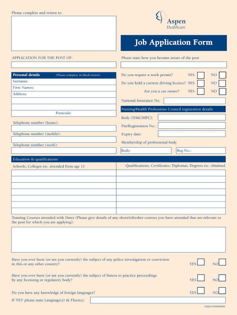 Fillable Online Parkside job Application form Highgate Hospital Fax